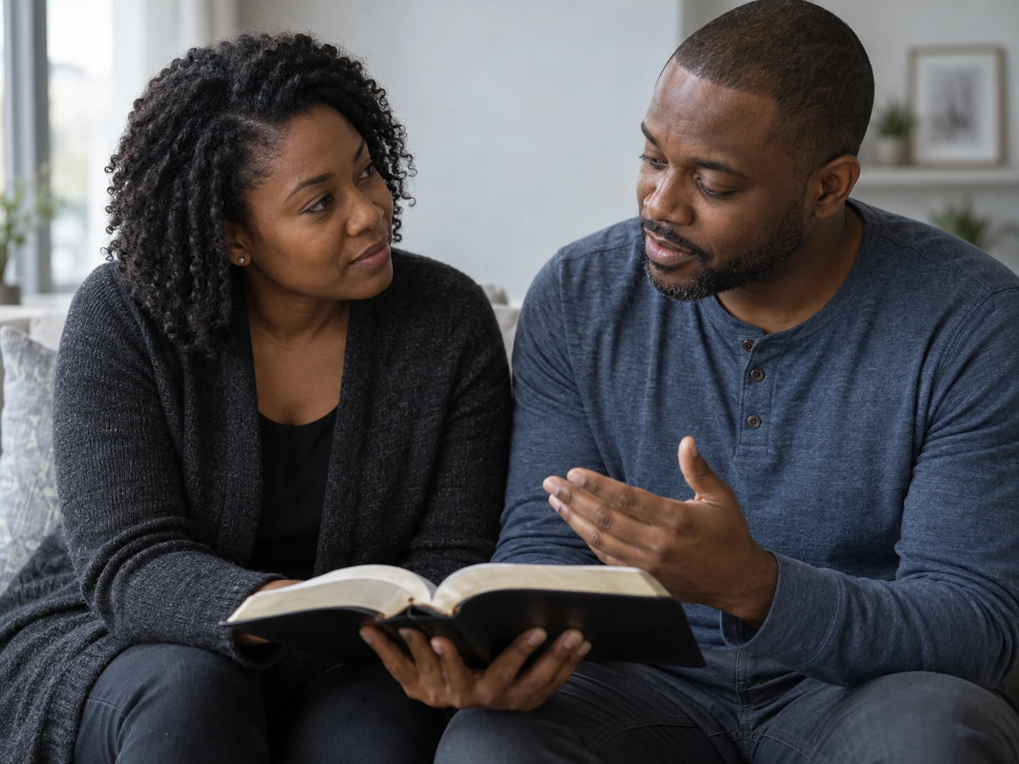 Generated scene of two adults discussing an open Bible.