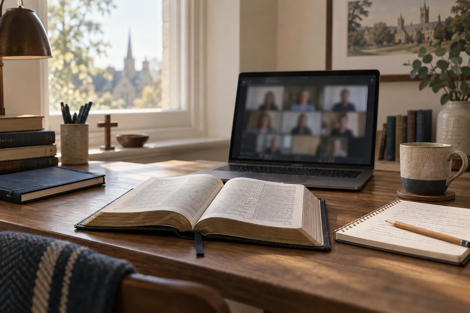 Illustration of a Bible and laptop arranged for online study